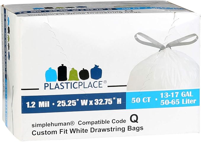 Plasticplace Custom Fit Trash Bags, Compatible with Simplehuman Code Q (50 Count), 13-17 Gallon Drawstring Garbage Liners, Heavy Duty Tear-Resistant