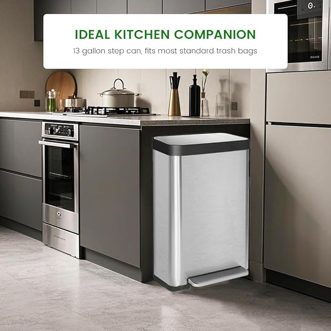 50 Liter / 13 Gallon Trash Can, Fingerprint Proof Stainless Steel Kitchen Trash Can with Removable Inner Bucket, Pedal Rubbish Bin for Home Offices and Public Areas