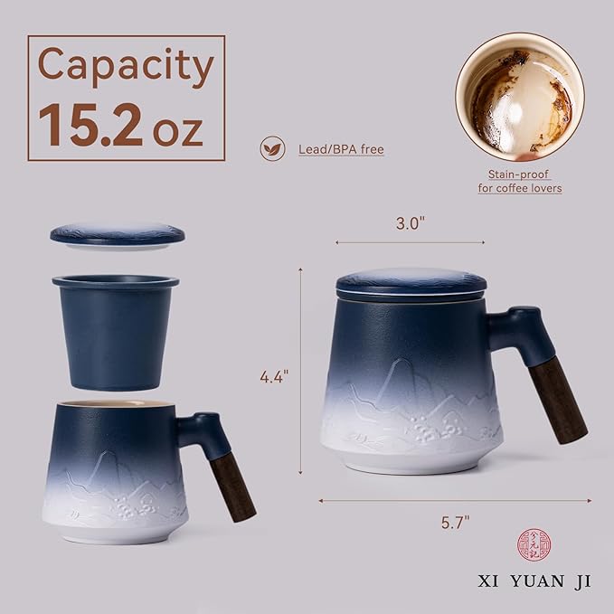 Tea Cup with Infuser and Lid 15oz - Kiln-Transformed Ceramic Mug with Mountain-Ocean Relief, Blue-White Gradient Wood Handle Tea Set, Anniversary Birthday Gift