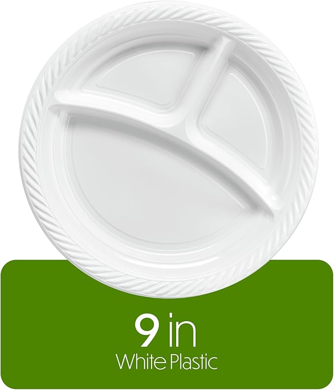 PLASTICPRO 9 inch Round Plastic Plates 3 Compartment - 3 Section Plates Microwaveable, Disposable, White, Dinnerware 400 Count