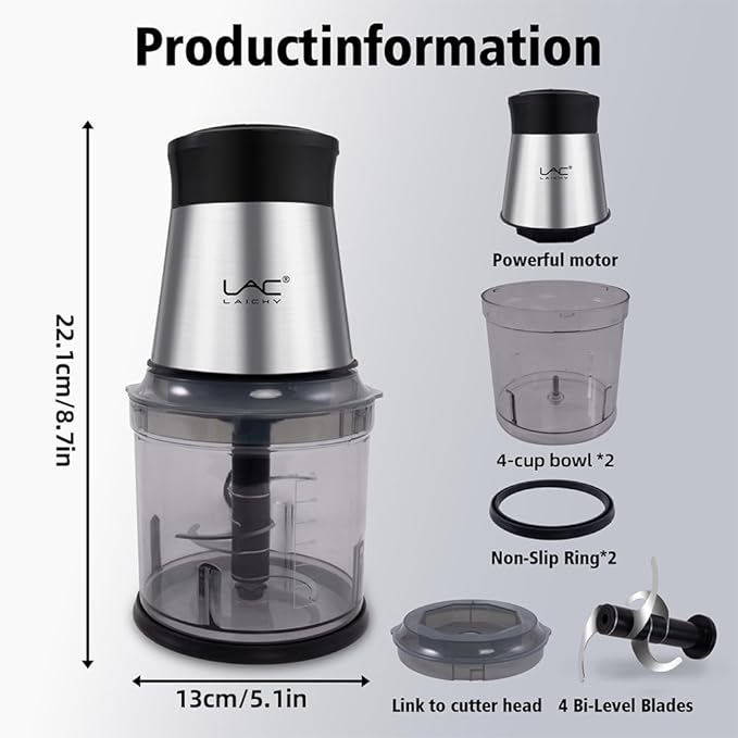 Mini Small Food Processor 4 Cup,Meat Grinder with 2 Bowls,Electric Food Chopper,Powerful Motor 2 Speed & 4 Blades for Baby Food,Meat,Onion,Vegetables,Fruits
