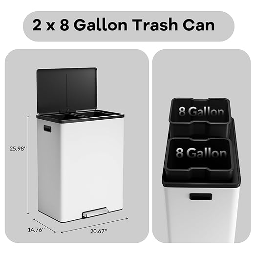 GarveeHome Step Dual Trash Can, 60 L/16 gal Recycle Bins with Lid, 2 Removable Wastebusket, Step Pedal, Large Stainless Steel Double Trash Bin for Kitchen, Bathroom