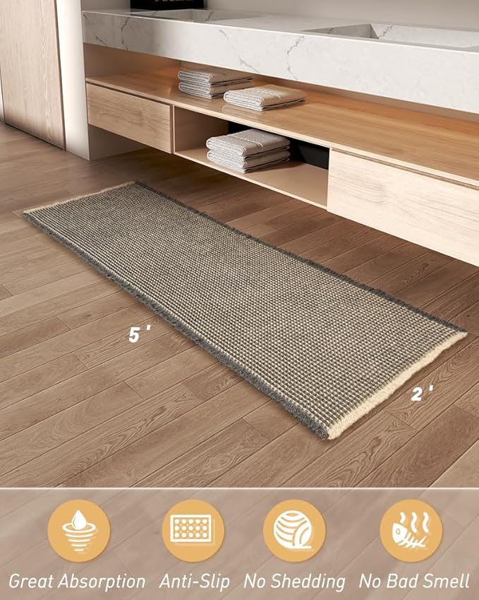 Upgraded Waffle Runner Rug Super Absorbent Non Slip Bath Mats for Bathroom Washable Bathroom Runner Rug with Tassels, Ideal for Hallway Bedroom Laundry Room, Dark Grey & Yellow, 2' x 5'(24" x 60")