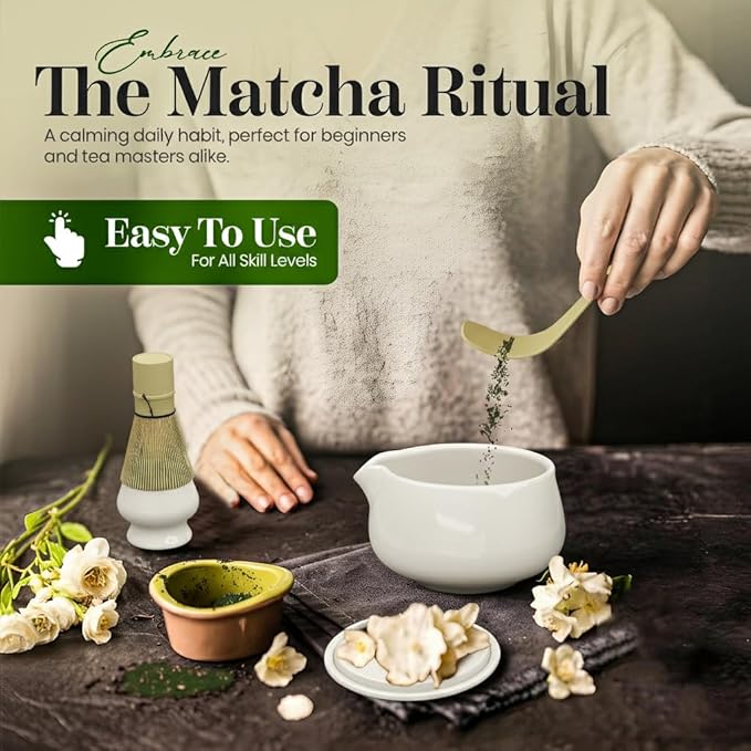 NEXTLUXE Matcha Whisk Set – Traditional Bamboo Chasen with Ceramic Bowl, Measurement Lines, Spoon & Lid – White