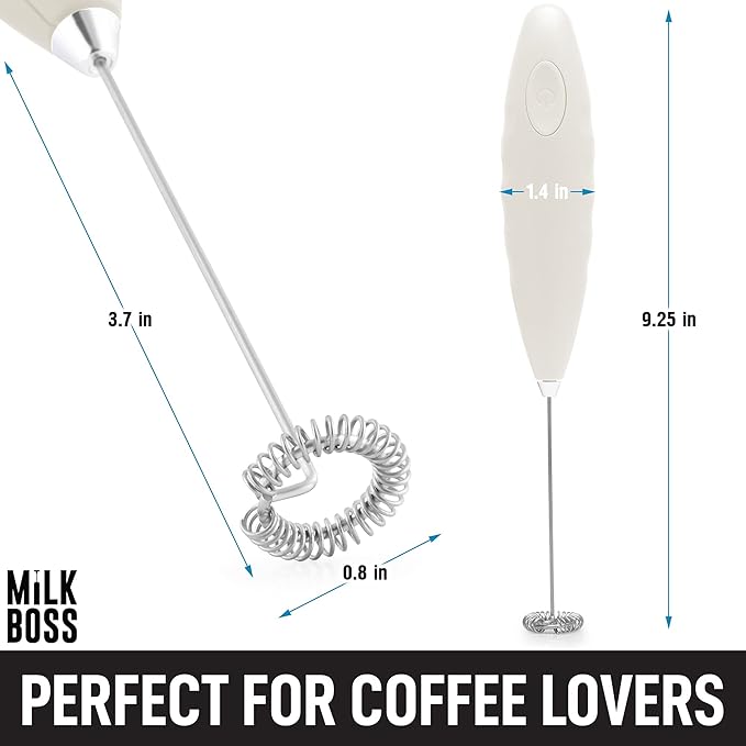Milk Boss Milk Frother for Coffee - Comfort Grip Matcha Whisk - Electric Matcha Mixer and Mixer Electric Handheld - Coffee Frother Handheld - Electric Drink Mixer With Batteries Included (White)