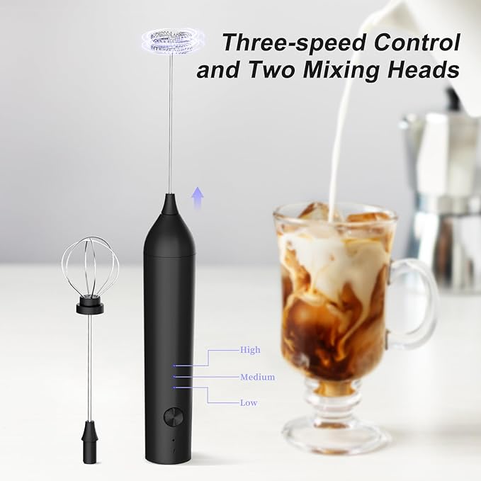 Powerful Electric Milk Frother with Wand and Egg Whisk Attachments, 3 Speed Adjustable Rechargeable Foam Maker Mixer, Milk Frother Handled for Coffee, Protein Powder (Black without Stand)