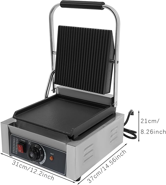 1800W Commercial Panini Press Grill, Non-Stick Sandwich Maker with Adjustable Temperature, Smokeless Indoor Grill for Paninis, Hamburgers & Steaks