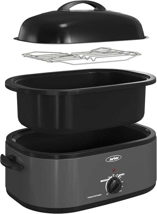 Roaster Oven, Electric Roaster Oven with Viewing Lid, Large Roaster with Removable Pan & Rack, Turkey Roaster with Unique Defrost/Warm Function, Stainless Steel, Grey, 18QT