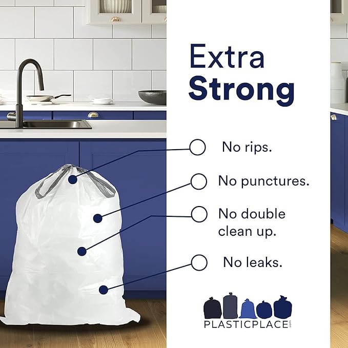Plasticplace Custom Fit Trash Bags Compatible with simplehuman Code Q (200 Count) Drawstring Garbage Bags 13-17 Gallon White, Tear-Resistant Tall Kitchen Trash Bags for Garbage Cans Recycling 1.2 Mil