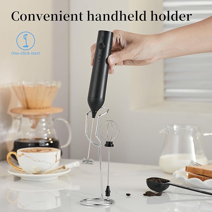 Electric Milk Frother Set, Rechargeable Drink Blender with Wand and Egg Whisk, 3 Speed Adjustable Foam Maker Mixer, Milk Frother Handled for Coffee, Matcha, Protein Powder (Black with Stand)