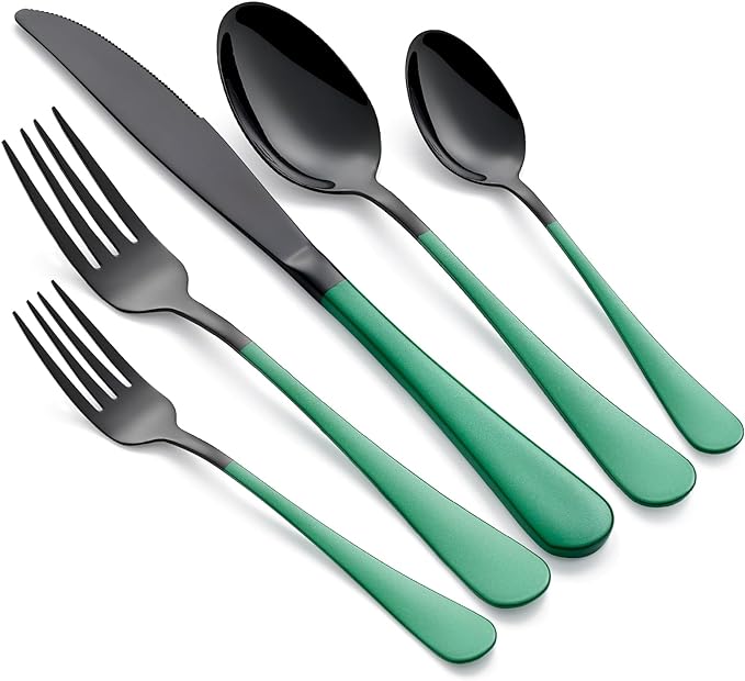 20-Piece Green Silverware Set - 18/0 Stainless Steel, Black Silverware Set With Green Handles - Dinner Knives, Forks, Spoons - Dishwasher Safe