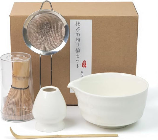Matcha Whisk Set, White Matcha Kit with Bowl, Whisk, Bamboo Scoop, Scoop Rest, Sifter - 5 Pcs Kit for Lover