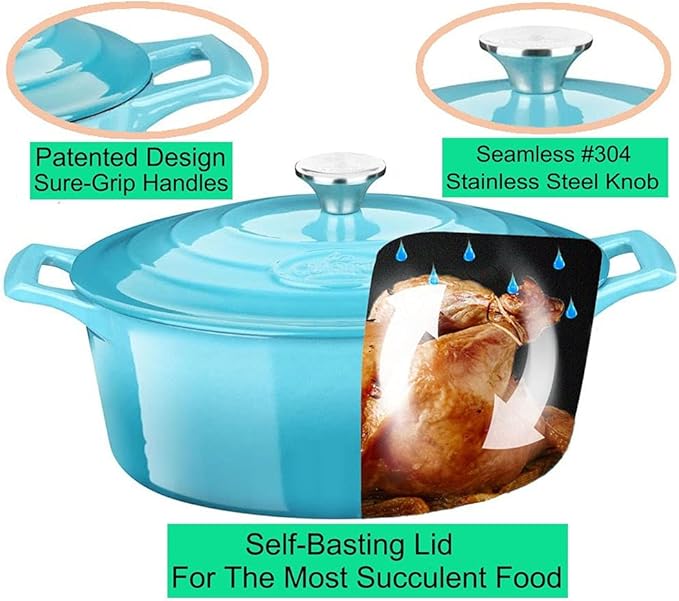 La Cuisine Enameled Cast Iron Oval Dutch Oven Casserole Pot with Lid, 6.75 QT Internal Matte Black Enamel for bread baking, 2-ton Teal Enamel Coating Finish Exterior, Oven Safe up to 500° F