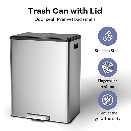 GarveeHome Step Dual Trash Can, 60 L/16 gal Recycle Bins with Lid, 2 Removable Wastebusket, Step Pedal, Large Stainless Steel Double Trash Bin for Kitchen, Bathroom