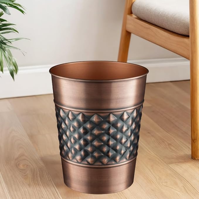 Monarch Abode Antique Copper Handcrafted Geometric Embossed Metal Wastebasket for Home, Decorative Waste Basket, Modern Bathroom Garbage Can, Durable & Decorative Trash Bin, Antique Copper Trash Can