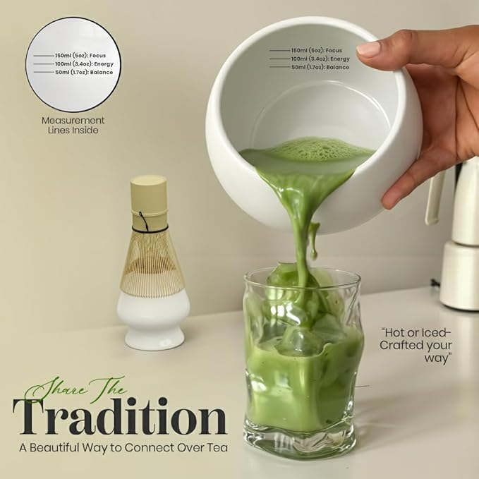 NEXTLUXE Matcha Whisk Set – Traditional Bamboo Chasen with Ceramic Bowl, Measurement Lines, Spoon & Lid – White