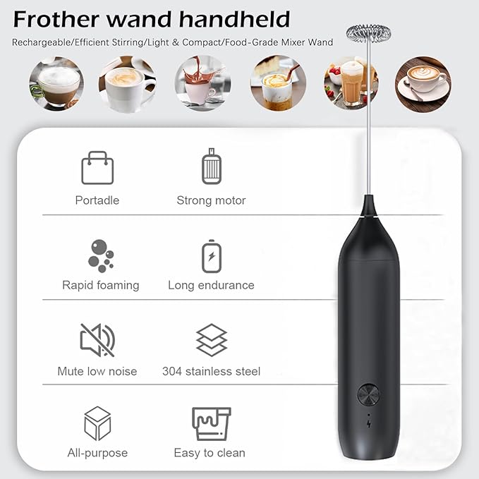Rechargeable Milk Frother Wand,Drink Mixer Handheld,Electric Whisk with USB-C,Foam Maker for Coffee Stirrer,Hand Blender for Lattes,Matcha,Cappuccino,Frappe,Hot Chocolate.