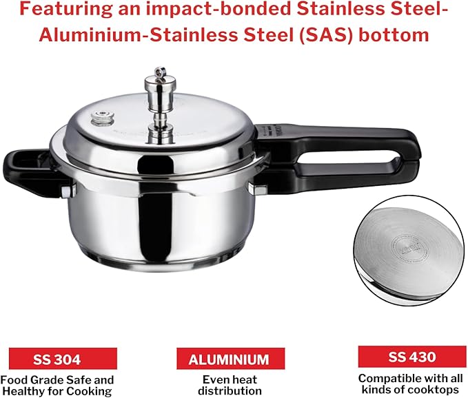 Vinod V-3L Stainless Steel Sandwich Bottom Pressure Cooker, 3-Liter