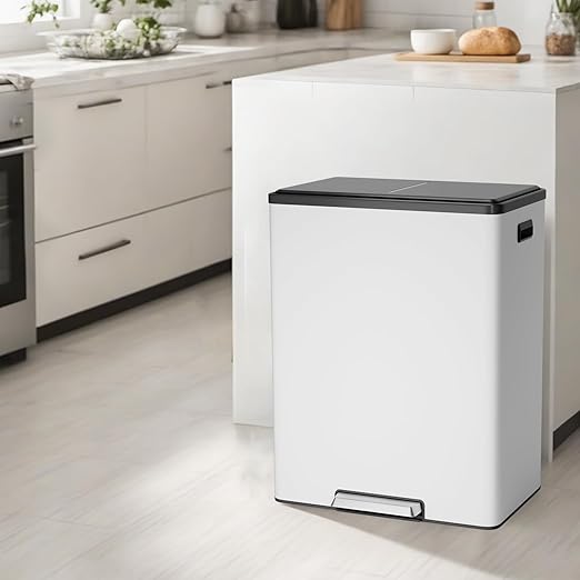 GarveeHome Step Dual Trash Can, 60 L/16 gal Recycle Bins with Lid, 2 Removable Wastebusket, Step Pedal, Large Stainless Steel Double Trash Bin for Kitchen, Bathroom