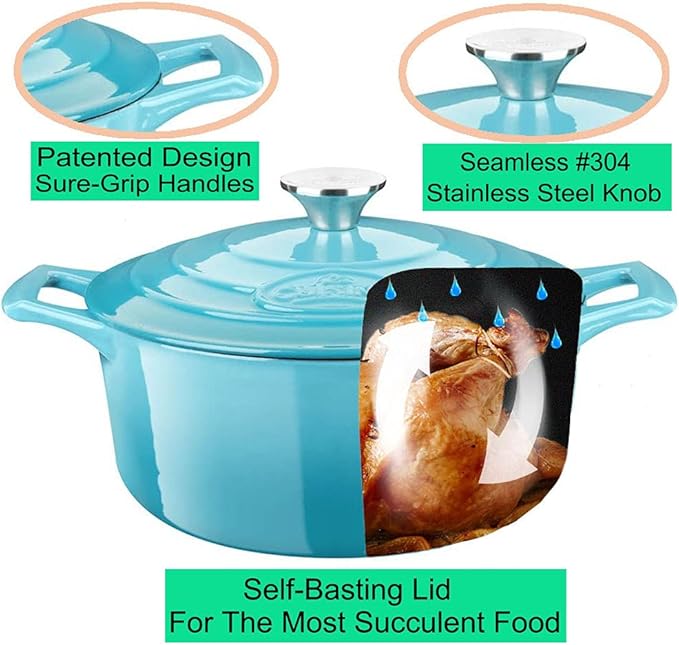 La Cuisine Enameled Cast Iron Dutch Oven Casserole Dish Pot with Lid, 2.1 QT 7.8" /20cm Dia. Internal Matte Black Enamel Coating, 2-tone Teal Enamel Exterior, Oven Safe up to 500° F for bread baking