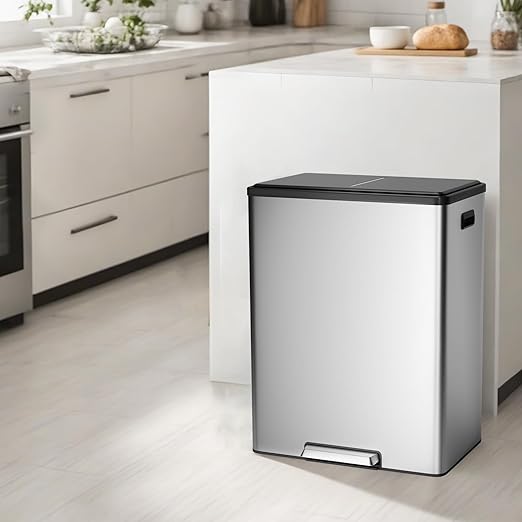 GarveeHome Step Dual Trash Can, 60 L/16 gal Recycle Bins with Lid, 2 Removable Wastebusket, Step Pedal, Large Stainless Steel Double Trash Bin for Kitchen, Bathroom