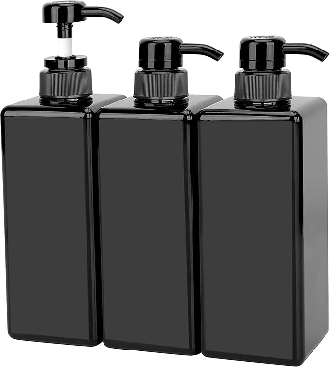 12 Pack Shampoo and Conditioner Dispenser Bottles, 8 Pack 22 Oz and 4 Pack 8 Oz Refillable Square Plastic Pump Bottles for Dispensing Lotions, Shampoo, Conditioner, Body Wash (Black)