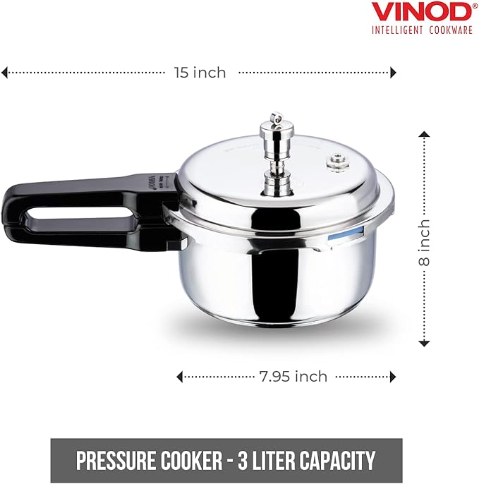 Vinod Pressure Cooker Stainless Steel – Outer Lid - 3 Liter – Induction Base Cooker – Indian Pressure Cooker – Sandwich Bottom – Best Used For Indian Cooking, Soups, and Rice Recipes, Quinoa