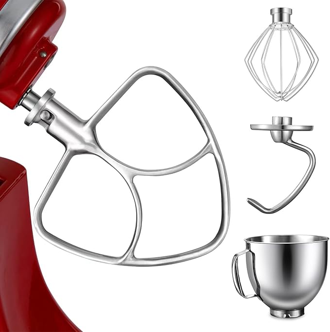 Gdrtwwh 5QT Flat Beater, 5QT Dough Hook, 5 Quart Bowl, 6-Wire Whip Attachment for KitchenAid Tilt-Head Stand Mixer, Dishwasher Safe