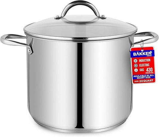 Stainless Steel Stockpot with Tempered Glass Lid 20 Quart, Durable 18/0 Stainless Steel, Impact-Bonded Base for Even Heating, Riveted Handles, Oven & All Stove Compatible, Safe Up To 500°F (260°C)