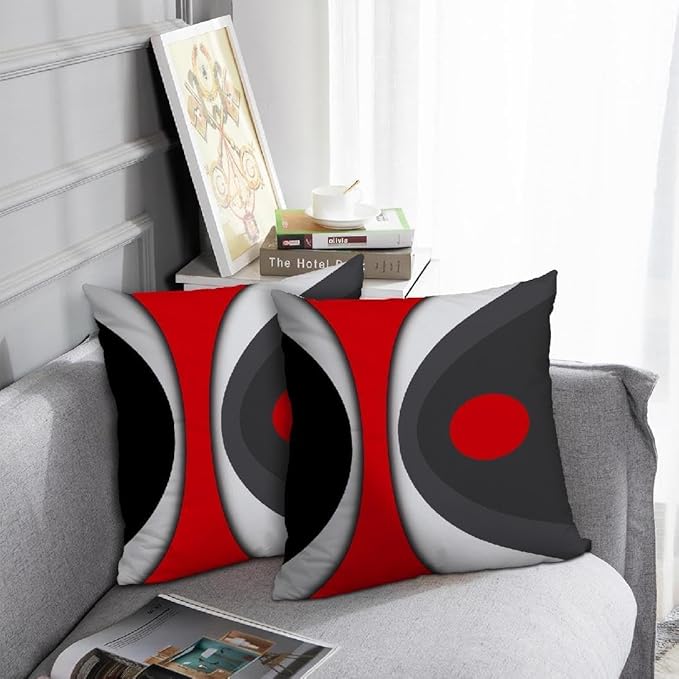 Modern Art Geometric Pillow Cover, Decorative Throw Pillow Covers Black Red Abstract Artwork Cushion Cover for Bedroom Sofa Living Room 16 x 16 Inch Set of 2