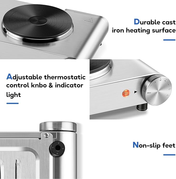 Hot Plate, CUSIMAX Double Burner, Electric Hot Plates for Cooking, 1800watts Portable Countertop Stove, Cast Iron Heating Plates, Used for Camping/Travel Trailers/Dorms, Stainless Steel Cooktop