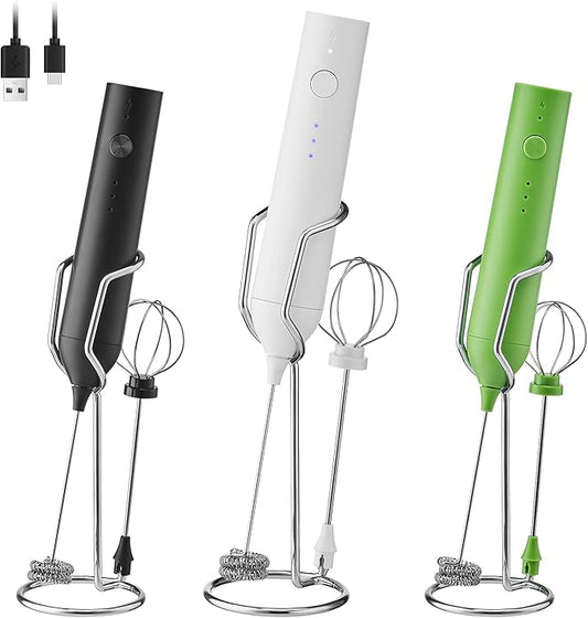 Powerful Electric Milk Frother Set, Rechargeable Drink Blender with Wand and Egg Whisk, Foam Maker Mixer, Milk Frother Handled for Coffee, Latte, Matcha, Protein Powder (White with Stand)