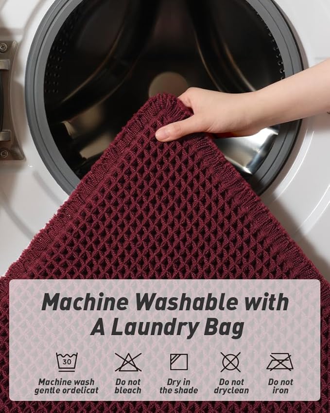 AMOAMI Upgraded Waffle Runner Rug Super Absorbent Non Slip Bath Mats for Bathroom Machine Washable Bathroom Runner Rug with Tassels, Ideal for Hallway Bedroom Laundry Room, 17" x 60", Burgundy