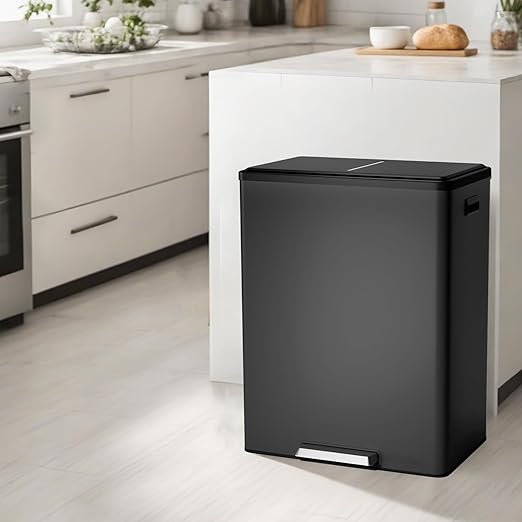GarveeHome Step Dual Trash Can, 60 L/16 gal Recycle Bins with Lid, 2 Removable Wastebusket, Step Pedal, Large Stainless Steel Double Trash Bin for Kitchen, Bathroom