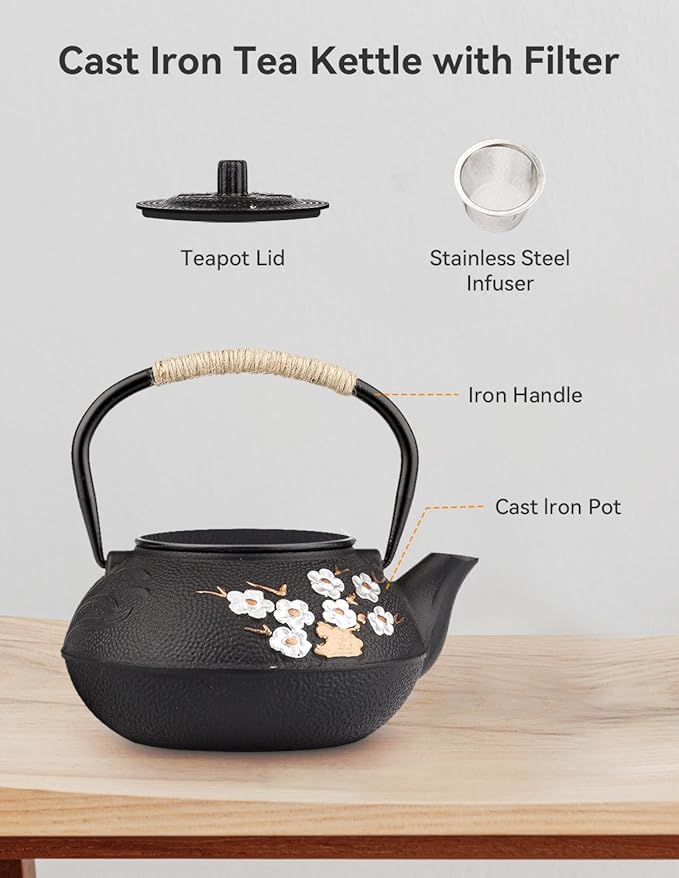 Japanese Cast Iron Teapot with Infuser, Plum Blossom Design, 300ml Capacity, Black, Stainless Steel Infuser, Stovetop Safe
