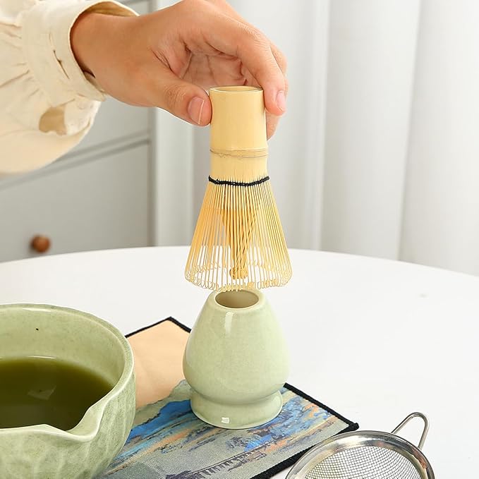 7-Piece Matcha Whisk Set, green Ceramic Matcha Bowl with Unique Diamond Design, Bamboo Whisk, Scoop, Sifter & Tea Towel - Complete Matcha Kit for Tea Lovers (Pink Gift Box) (green)