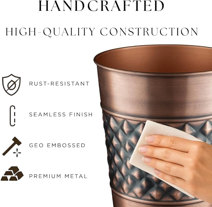Monarch Abode Antique Copper Handcrafted Geometric Embossed Metal Wastebasket for Home, Decorative Waste Basket, Modern Bathroom Garbage Can, Durable & Decorative Trash Bin, Antique Copper Trash Can