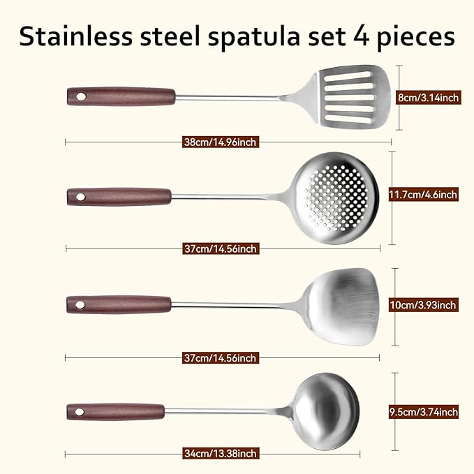 Stainless Steel Cooking Utensils Set, 4 PCS Kitchen Utensils Set with Wooden Handles, Heat Resistant Cooking Tools for Solid & Slotted Turner Wok Spatula, Soup Ladle, Slotted Spoon