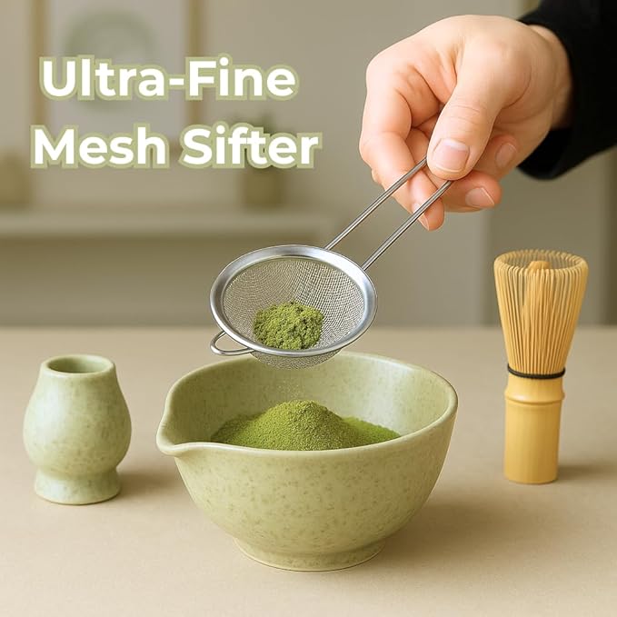 Dreizehn Matcha Whisk Set – 5 Piece Matcha Kit with Bowl, Whisk, Scoop, Sifter & Jar – Japanese Style Tea Set for Making Smooth and Frothy Matcha Green Tea at Home or as a Gift, Mottled Green