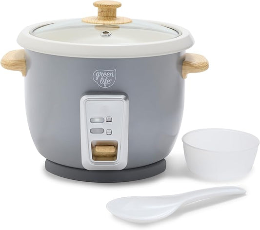 GreenLife Electric Rice Cooker, 3-Cups Uncooked/6-Cups Cooked, Removable PFAS-Free Nonstick Pot, One-Switch Design, Auto Keep Warm, Small Space Saving, Rice Paddle, Soup, Grains, Oatmeal, 1.5 QT, Grey