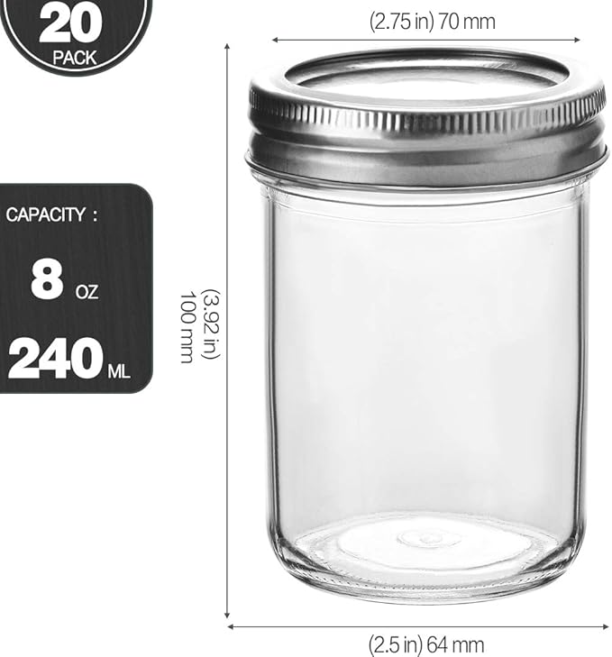 KAMOTA Mason Jars, 8 oz Glass Jars With Regular Lids and Bands, Ideal for Jam, Honey, Wedding Favors, Shower Favors, DIY Magnetic Spice Jars, 20 PACK, Extra 20 Lids & 30 Whiteboard Labels