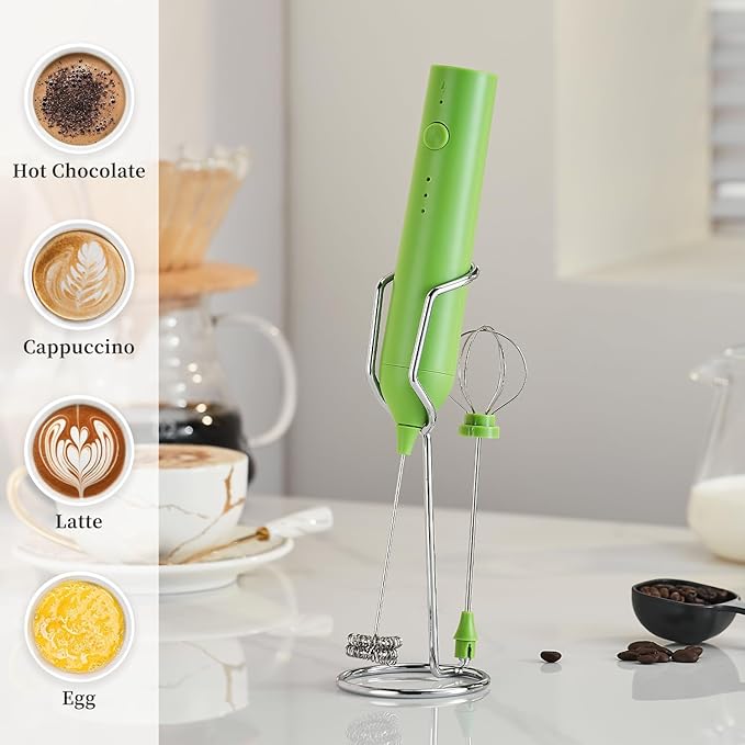 Electric Milk Frother Set, Rechargeable Drink Blender with Wand and Egg Whisk, 3 Speed Adjustable Foam Maker Mixer, Milk Frother Handled for Coffee, Matcha, Protein Powder (Green with Stand)