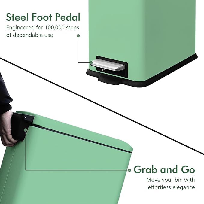Green 16.7L/4.4 Gallon Bathroom Trash Can with Lid. Features a removable inner bucket, a soft - close lid, and a stainless - steel step pedal. Ideal for use in the bathroom, kitchen, and home office.