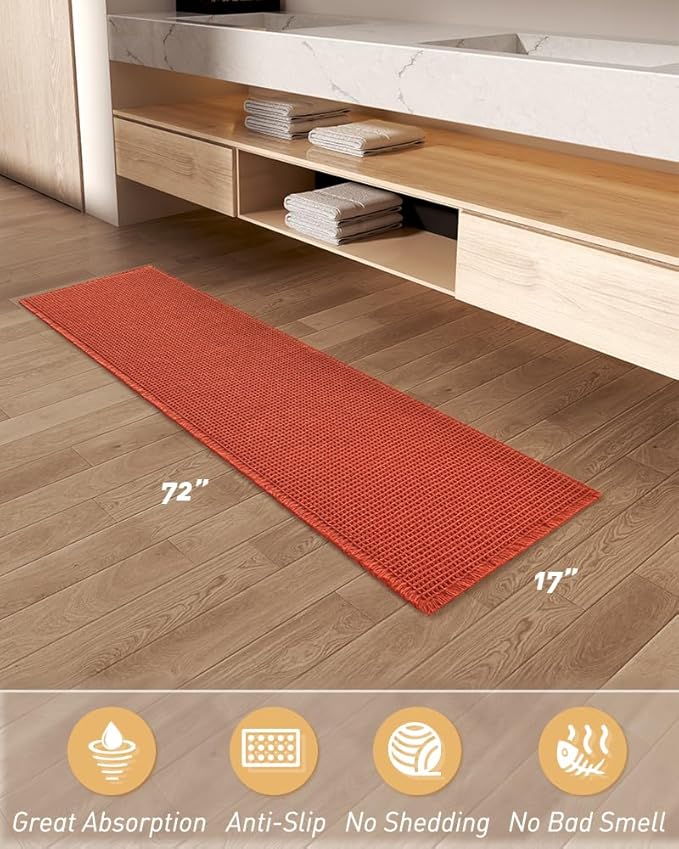 AMOAMI Upgraded Waffle Runner Rug Super Absorbent Non Slip Bath Mats for Bathroom Machine Washable Bathroom Runner Rug with Tassels, Ideal for Hallway Bedroom Laundry Room, 17" x 72", Orange