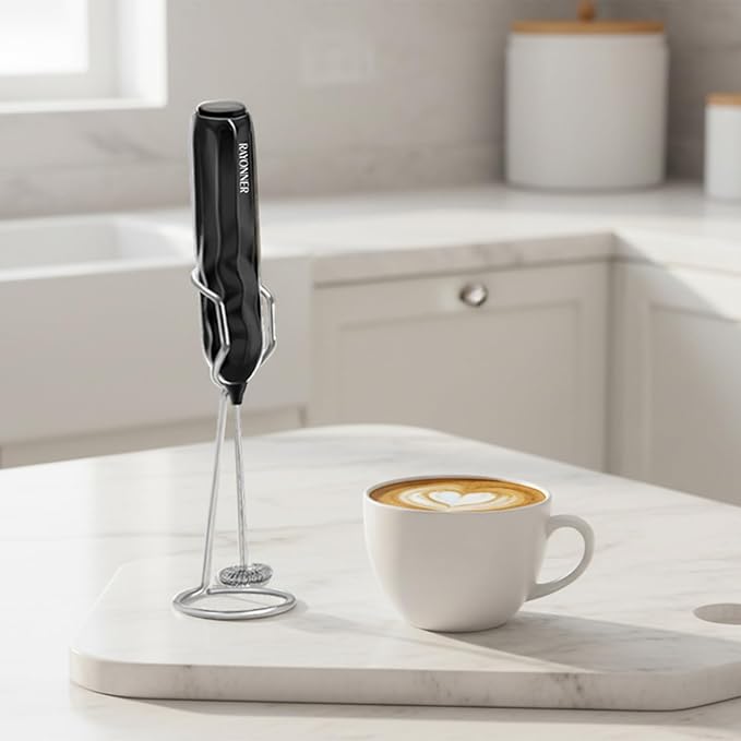 RAYONNER Milk Frother Handheld Fast Powerful Drink Mixer with Stainless Steel Whisk for Coffee, Battery Operated (Black)