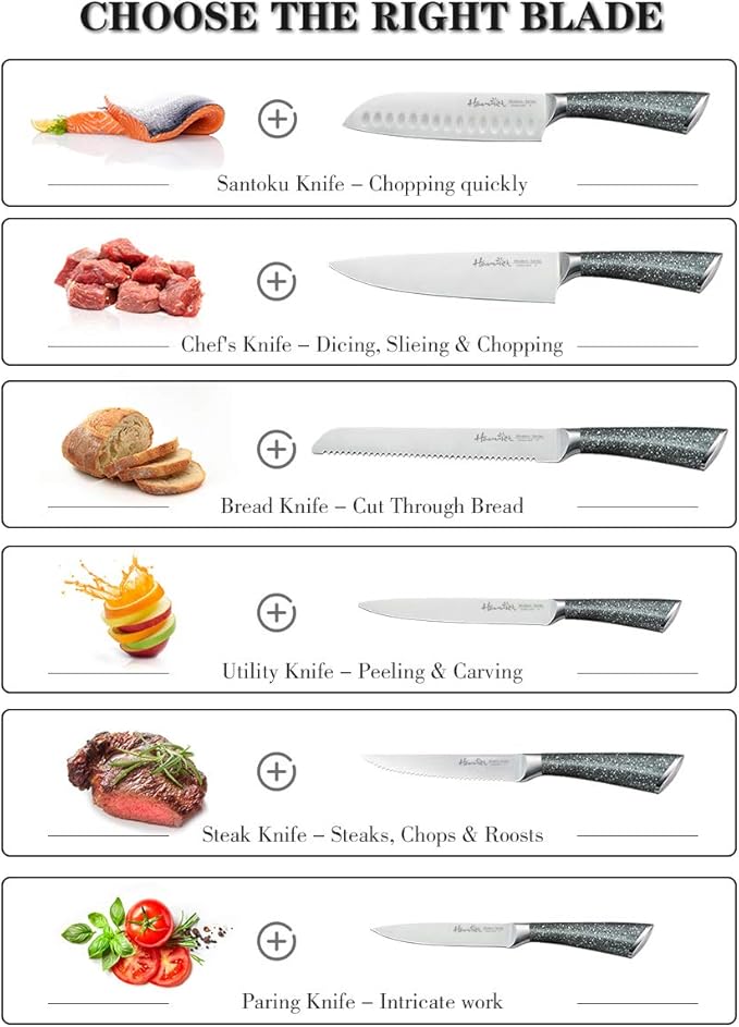 Harriet 13-Piece Knife Block Set with Sharpener | German Stainless Steel, Rustproof & Non-Stick | Includes Chef, Santoku, Bread & Steak Knives | Marble Finish Block