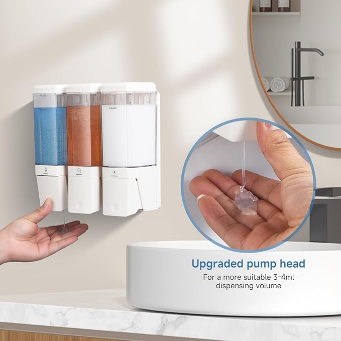 Shampoo and Conditioner Dispenser Wall Mounted, Shower Soap Dispenser No Drill Upadate Easy Slot Install, Shampoo Dispenser for Shower Bathroom Large Capacity 500ml * 3 Chamber Holder White Self