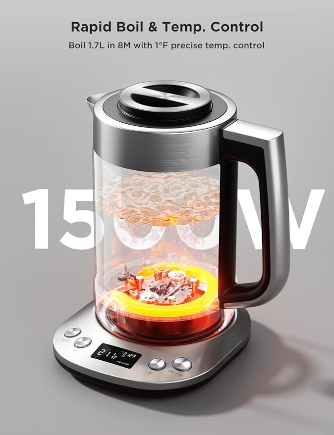 GoveeLife Smart Electric Kettle with Tea Infuser for Loose Leaf, 1.7 L Electric Tea Kettle with Brewing Program, Variable Temperature Control, 2 H Keep Warm & Auto Shut off, BPA Free, Sliver