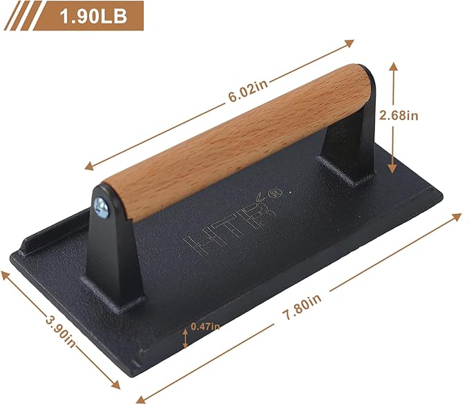 HTB Heavy-Duty Cast Iron Barbecue Press, Wood Handle Meat Steak Smash for Juicy Crispy Burgers on BBQ, Griddle, Camping Rectangle (Striped 088R)