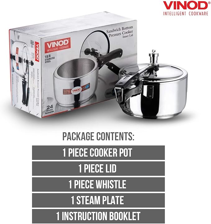 Vinod Pressure Cooker Stainless Steel – Inner Lid - 5.5 Liter – Sandwich Bottom – Indian Pressure Cooker – Induction Friendly Cooker – Best Used For Indian Cooking, Soups, and Rice Recipes, Quinoa